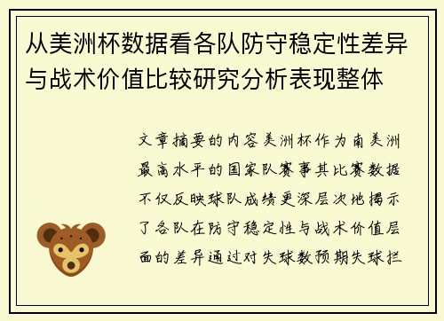 从美洲杯数据看各队防守稳定性差异与战术价值比较研究分析表现整体 从美洲杯数据看各队防守稳定性差异与战术价值比较研究分析表现整体